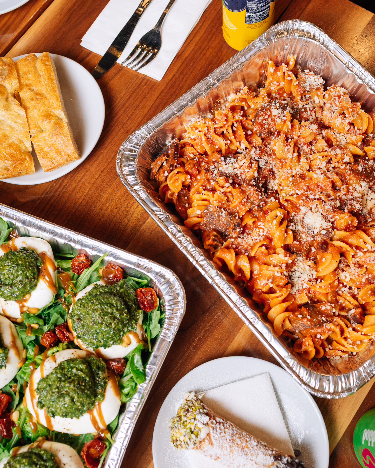 Burrata salad and pasta catering tray