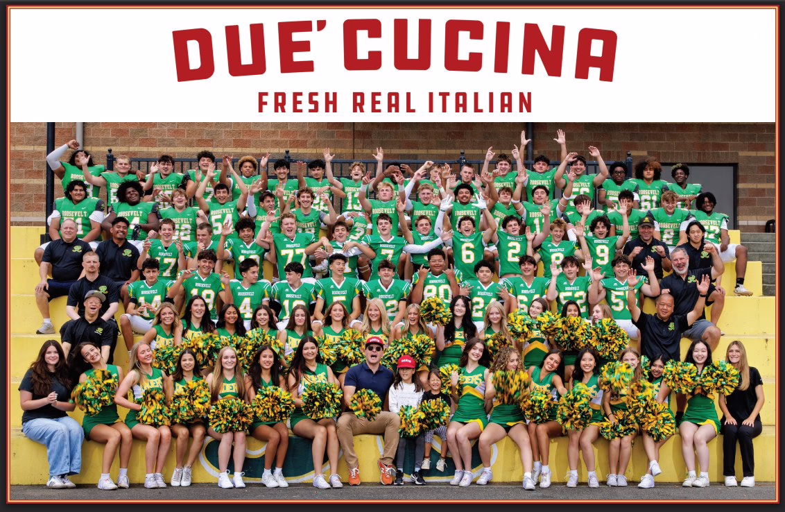 Roosevelt High School football players, coaches and cheerleaders on the stadium bleachers under a Due' Cucina banner