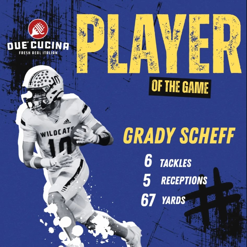 West Seattle Wildcats Due' Cucina Player of the Game graphic for Grady Scheff